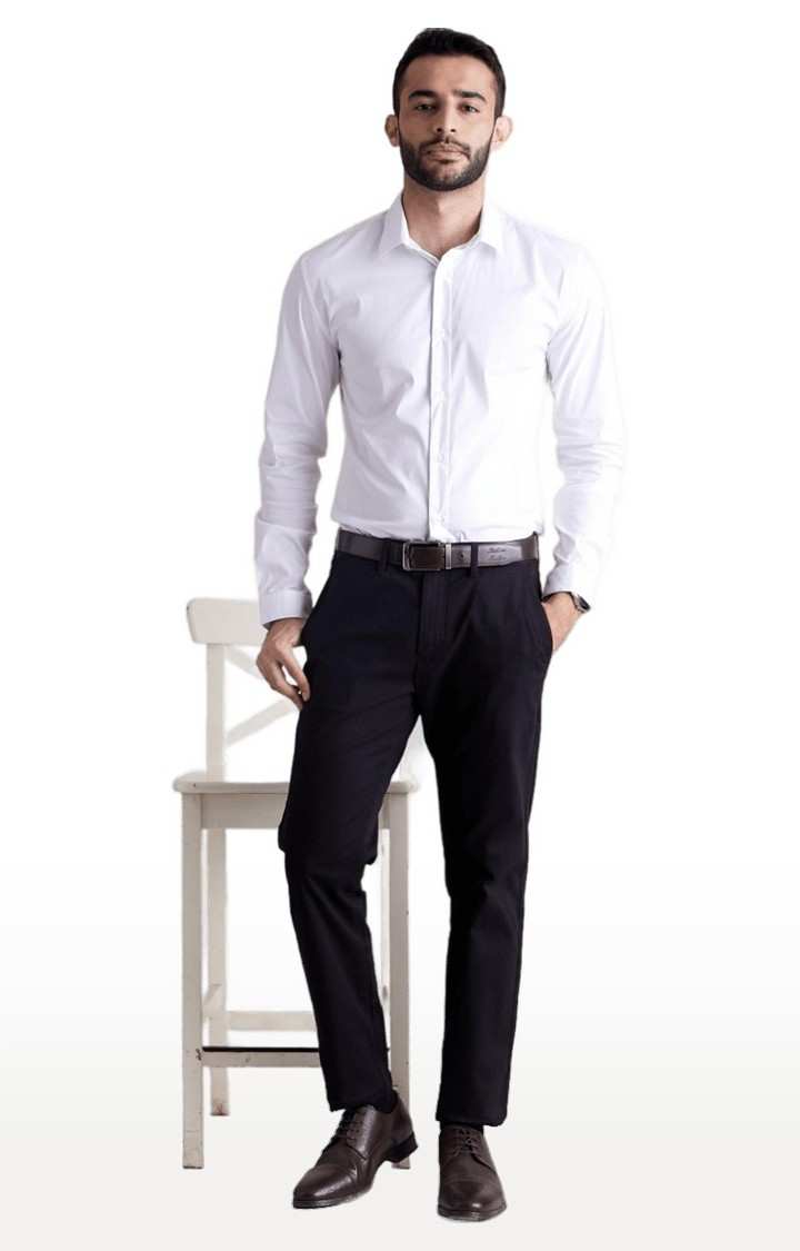 Men's Black Cotton Blend Solid Formal Trousers