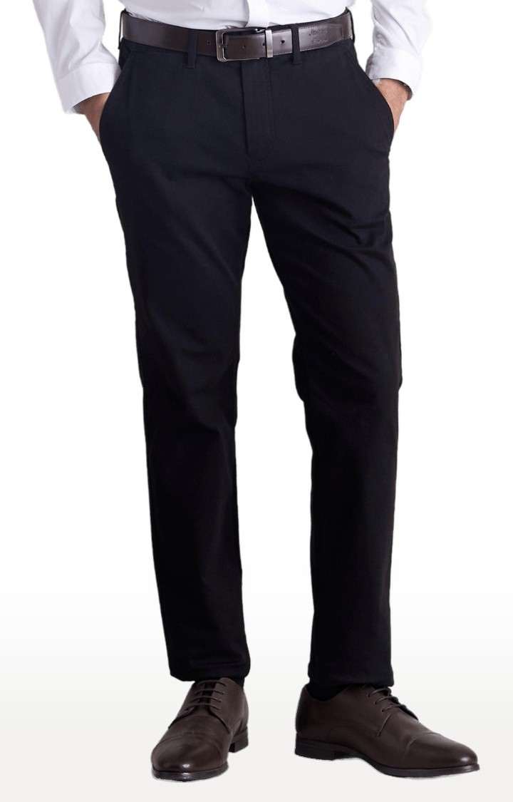 Men's Black Cotton Blend Solid Formal Trousers