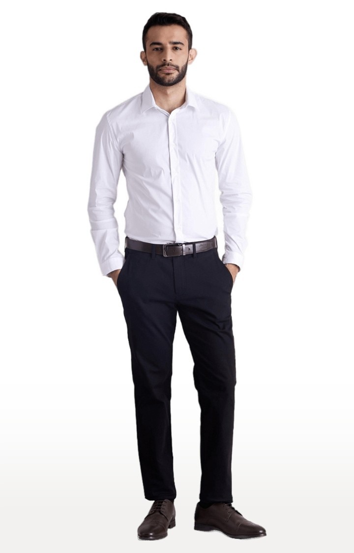 Men's Black Cotton Blend Solid Formal Trousers