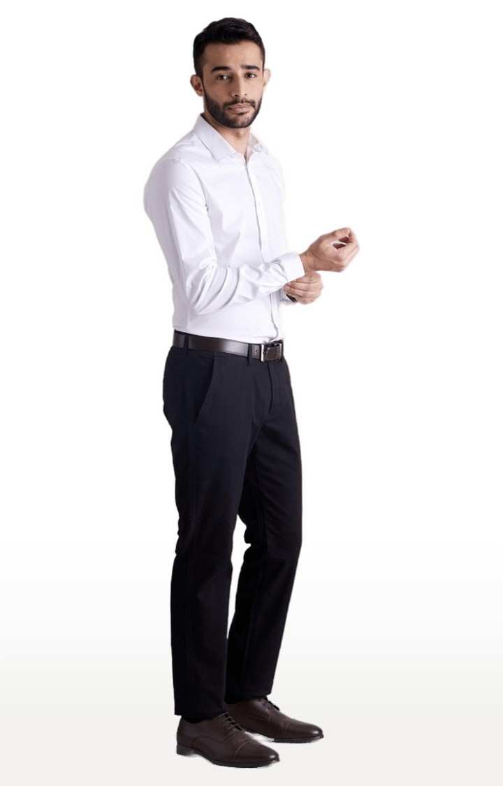 Men's Black Cotton Blend Solid Formal Trousers