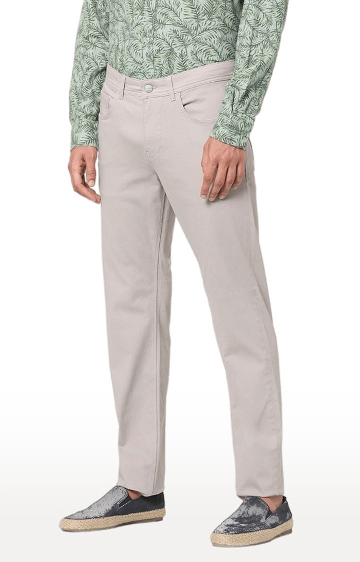 Men's Beige Cotton Blend Solid Trousers
