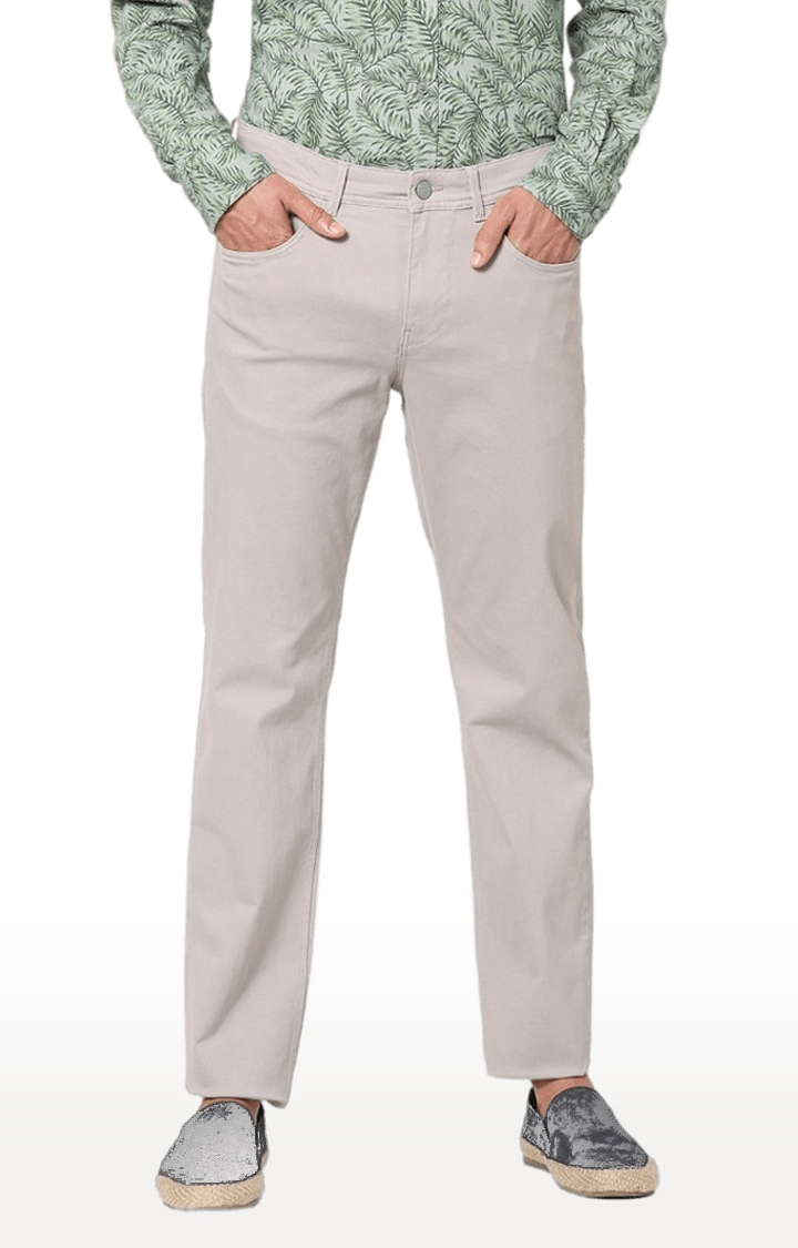 Men's Beige Cotton Blend Solid Trousers