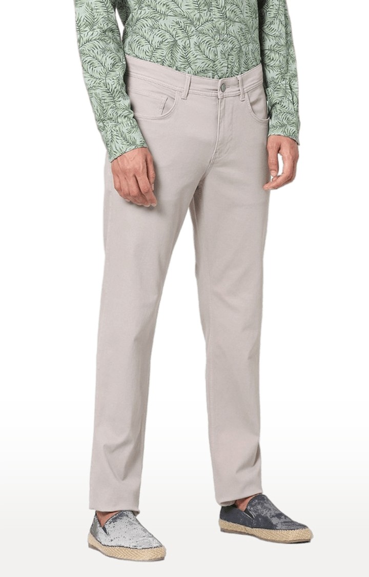 Men's Beige Cotton Blend Solid Trousers