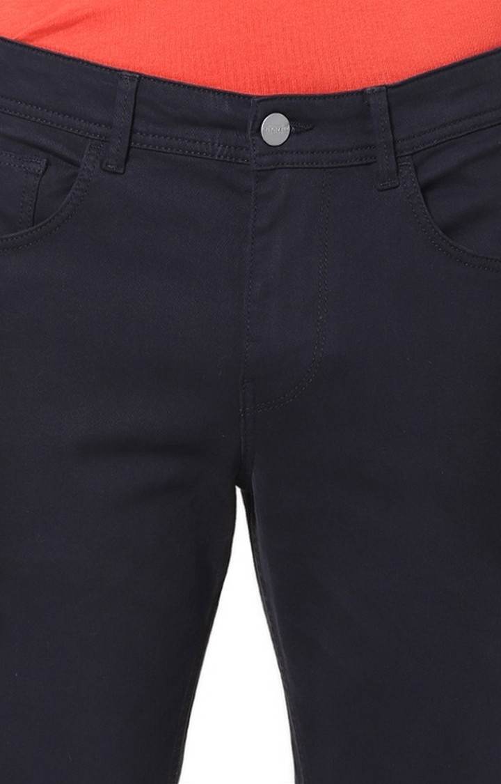 Men's Blue Cotton Blend Solid Trousers