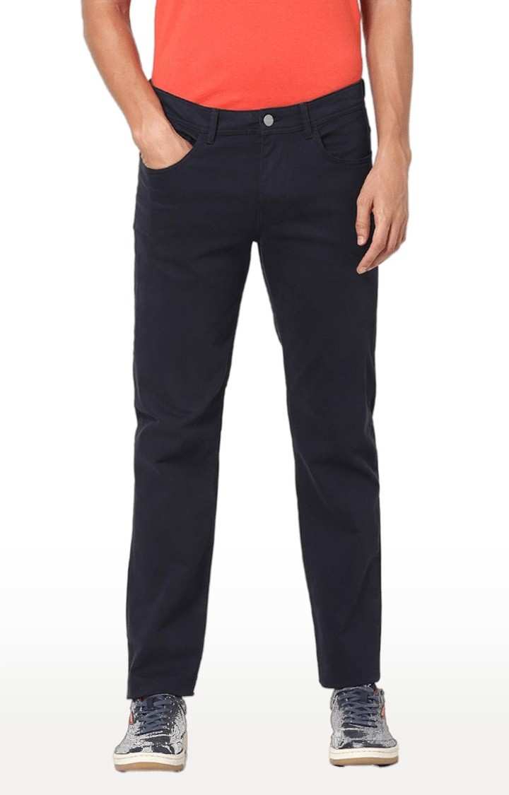 Men's Blue Cotton Blend Solid Trousers