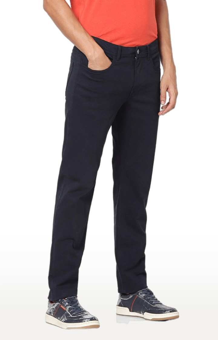 Men's Blue Cotton Blend Solid Trousers