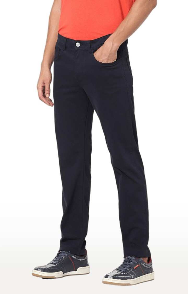 Men's Blue Cotton Blend Solid Trousers
