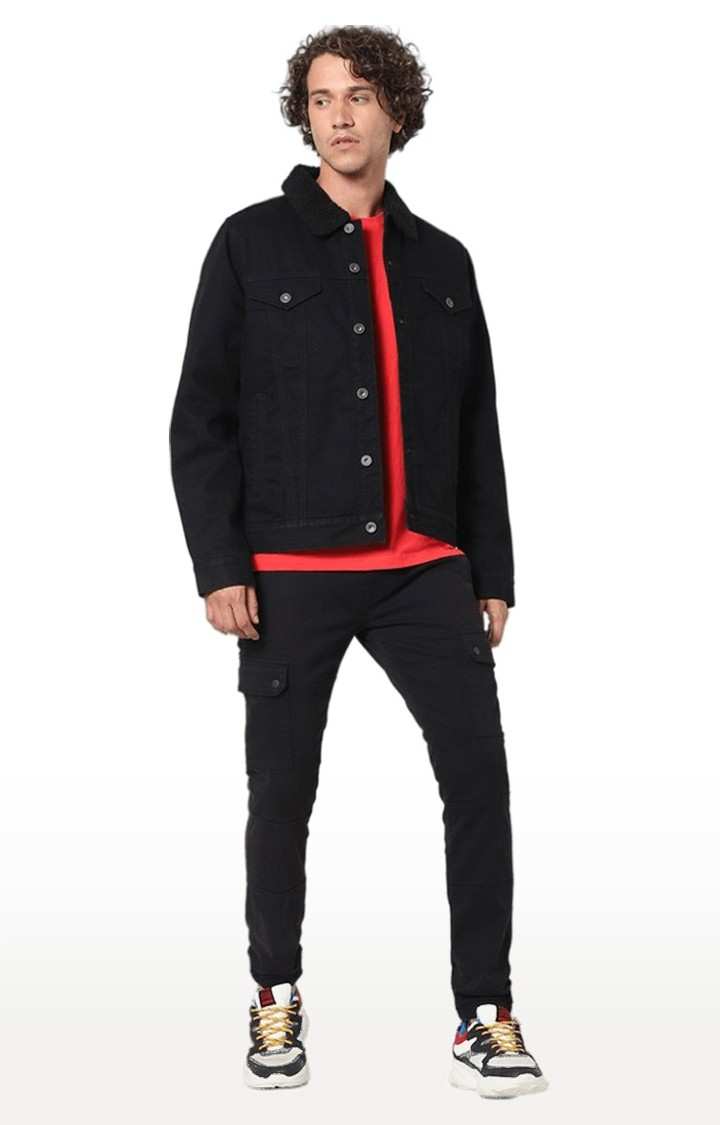 Men's Black Solid Denim Jackets