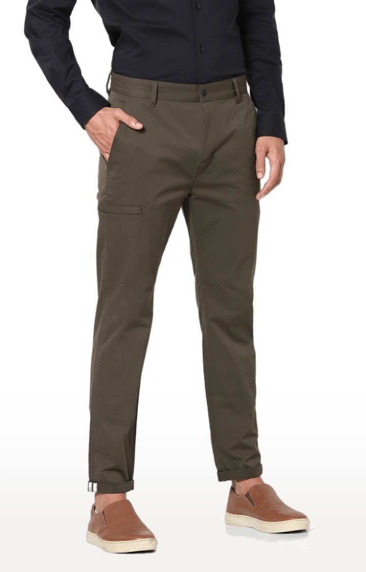 Men's Green Polyester Solid Chinos