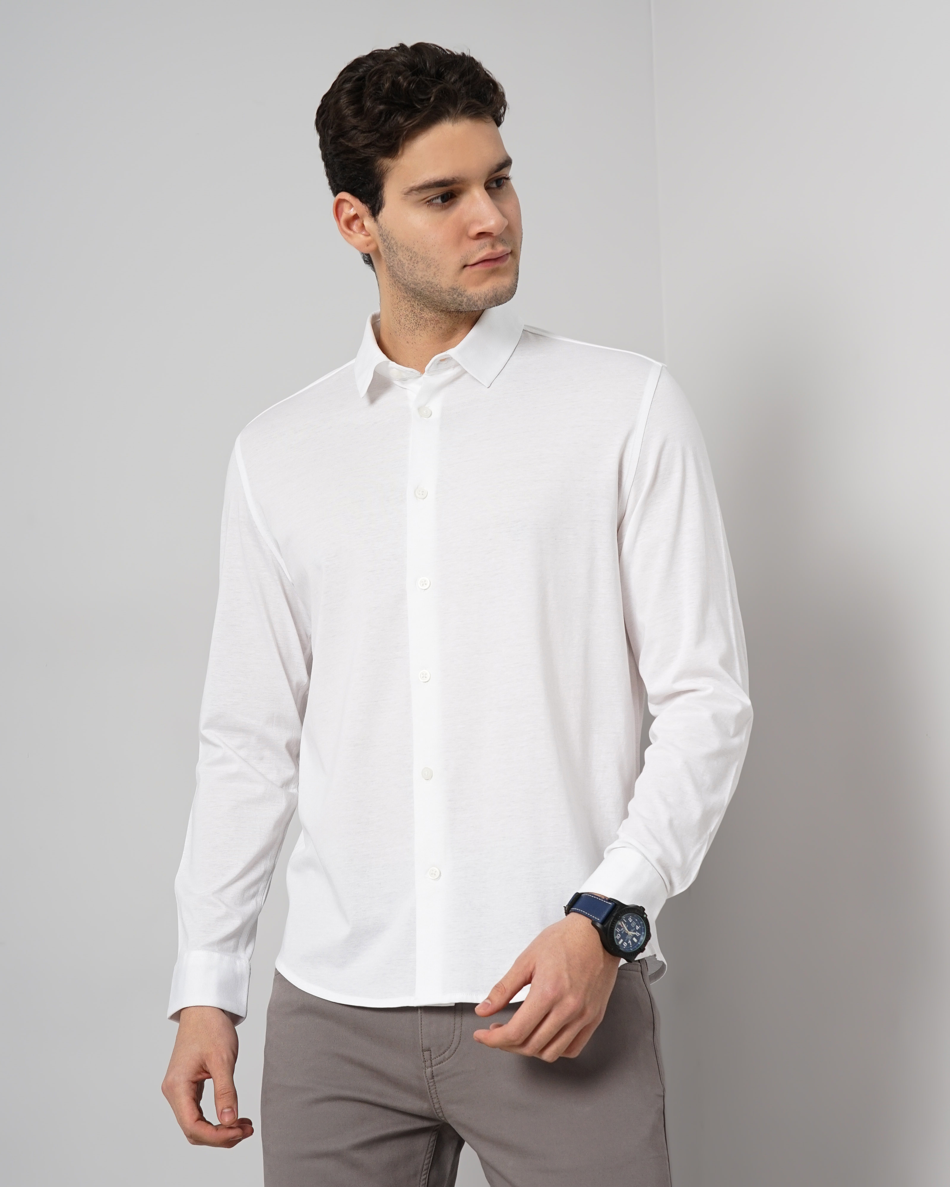 Celio Men White Solid Regular Fit Cotton Knitted Shirt Casual Shirt