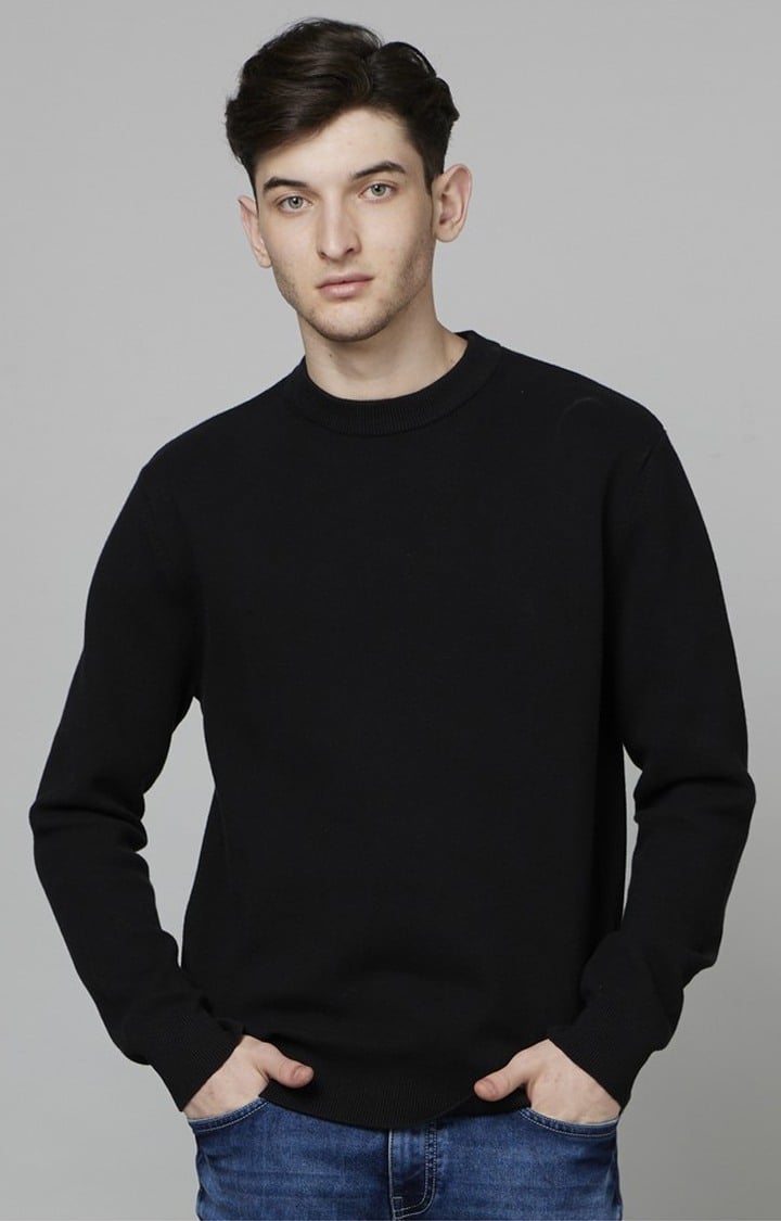 Men's Black Solid Sweaters