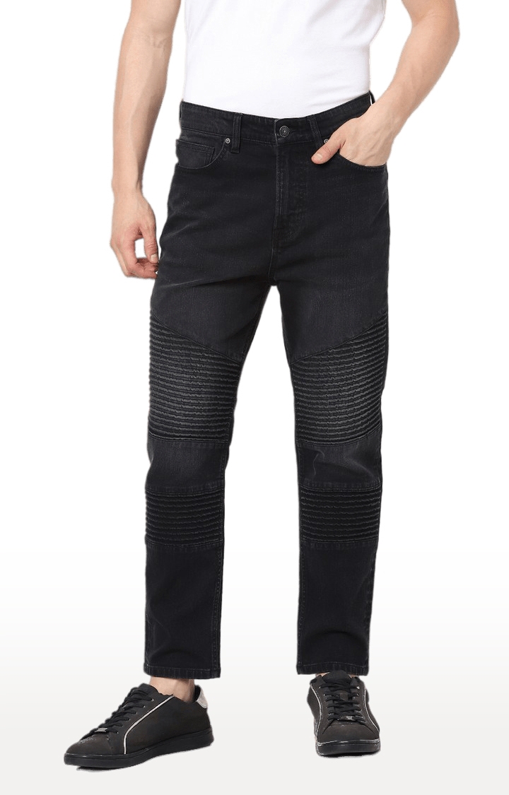 Men's Black Cotton Textured Straight Jeans