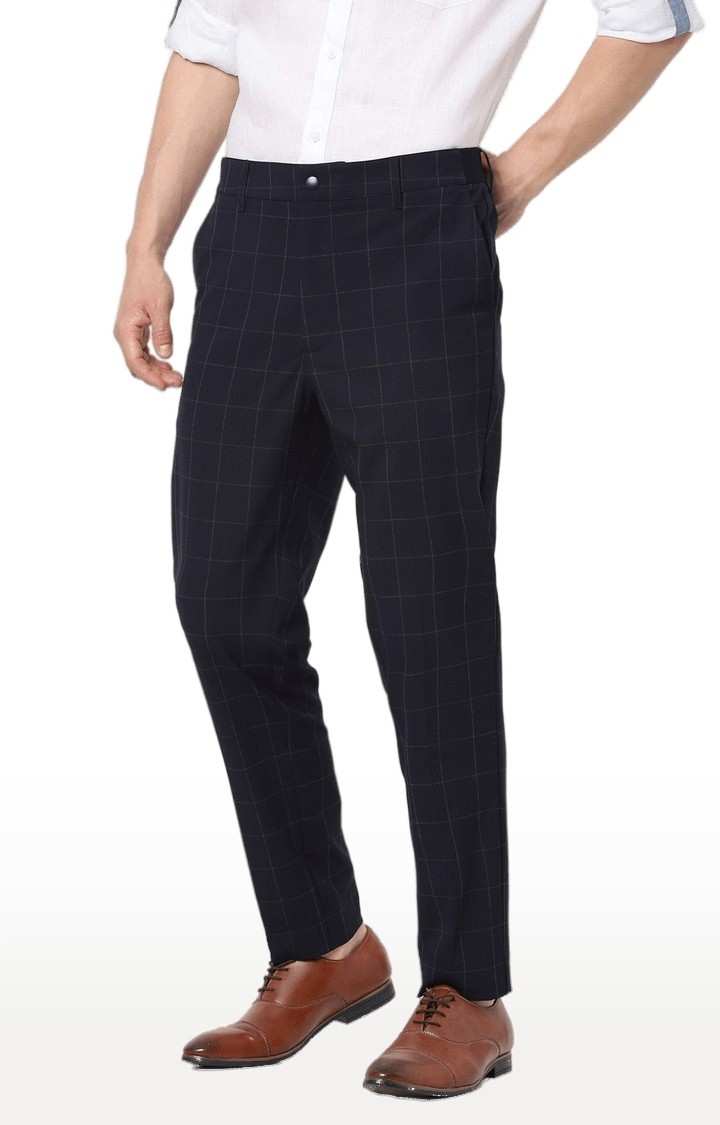 Men's Blue Polyester Checked Trousers