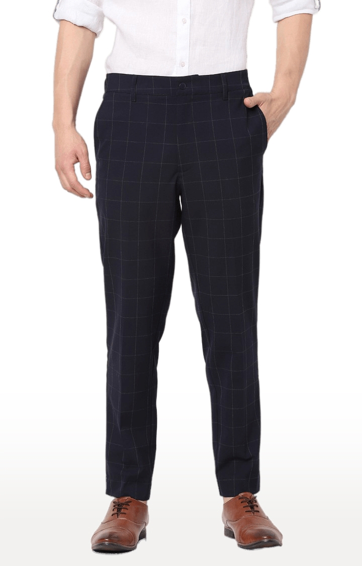 celio | Men's Blue Polyester Checked Trousers