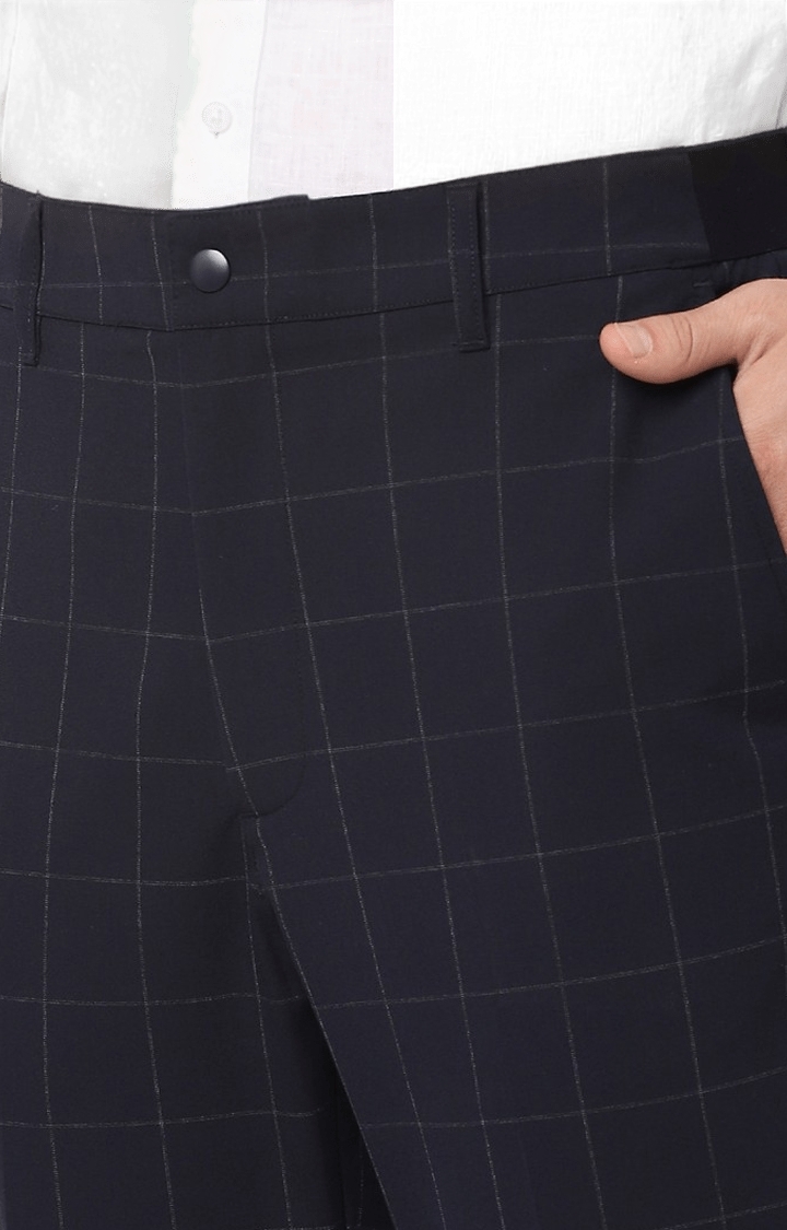 Men's Blue Polyester Checked Trousers