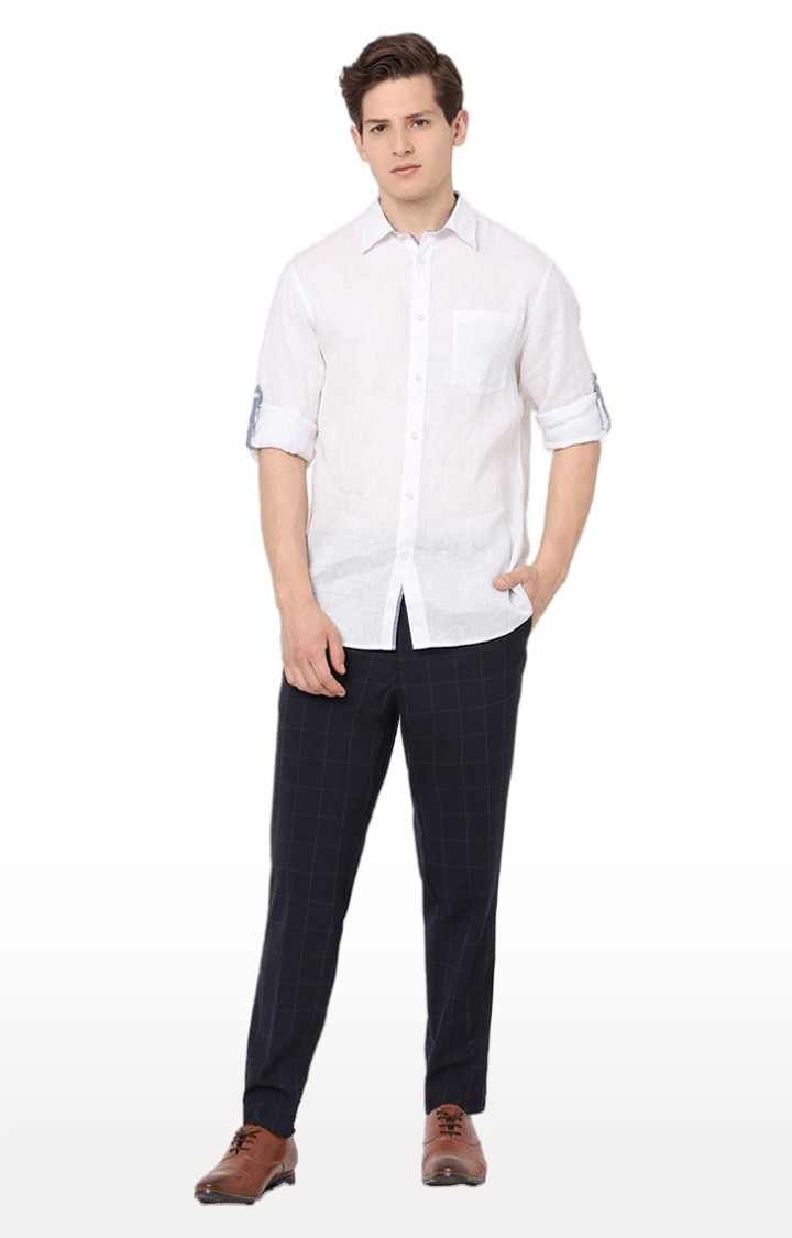 Men's Blue Polyester Checked Trousers