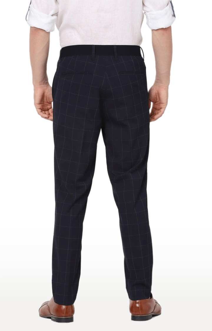 Men's Blue Polyester Checked Trousers