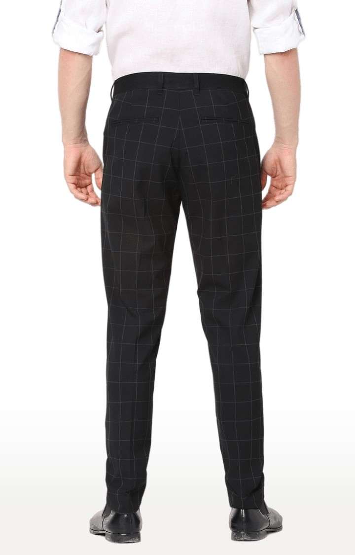 Men's Black Polyester Checked Formal Trousers