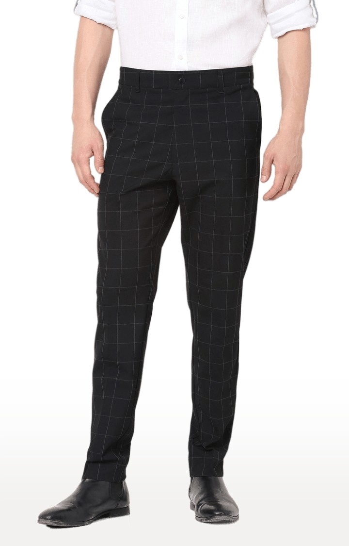 celio | Men's Black Polyester Checked Formal Trousers
