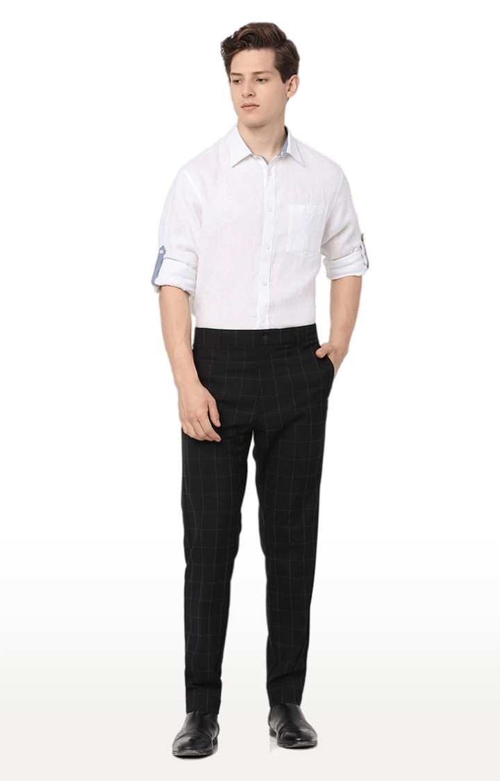 Men's Black Polyester Checked Formal Trousers