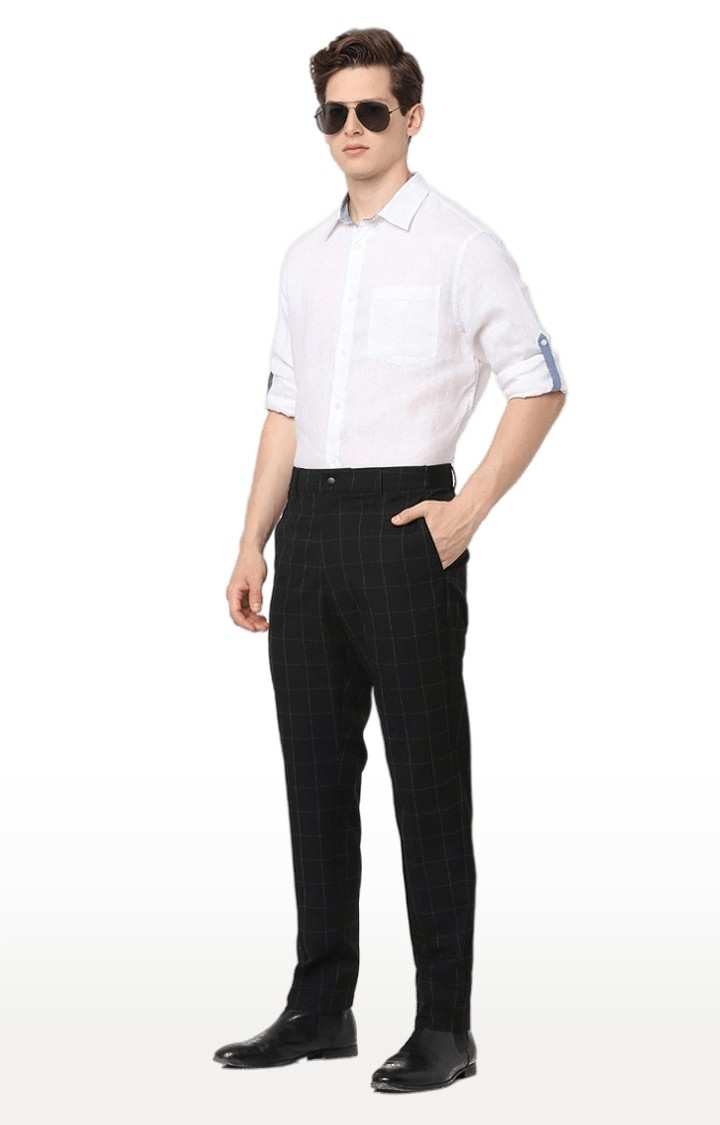 Men's Black Polyester Checked Formal Trousers