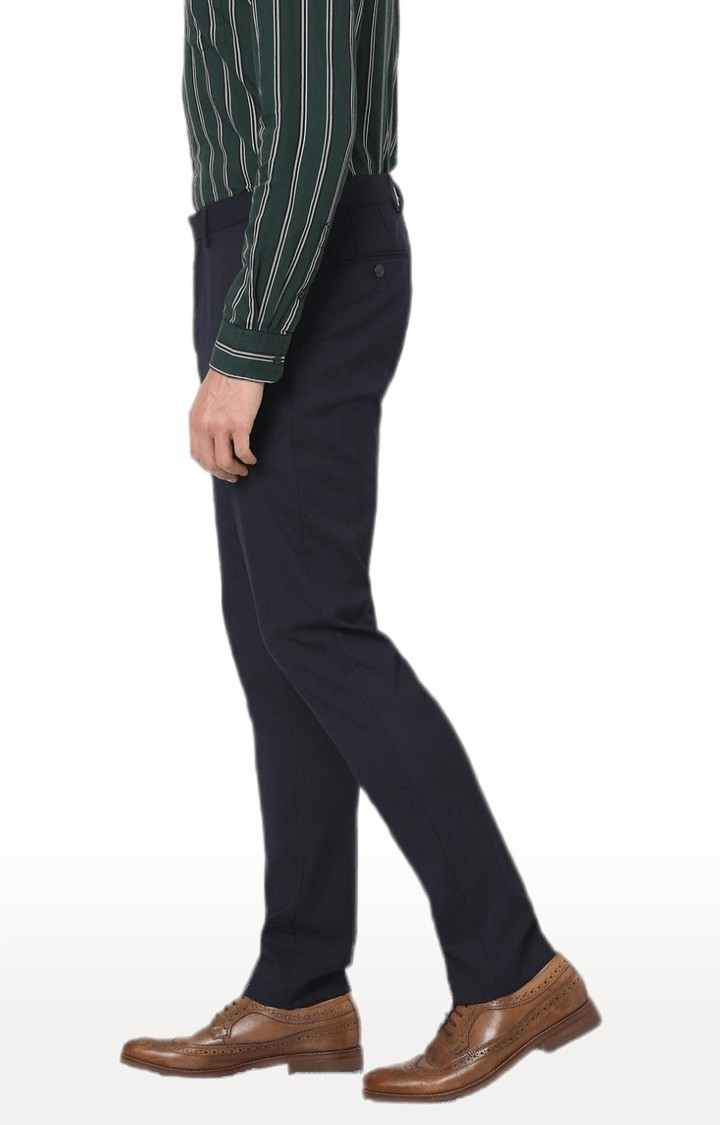 Men's Blue Polyester Solid Trousers