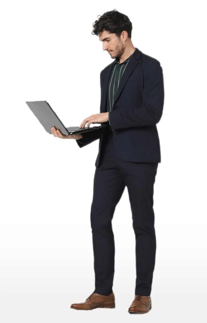 Men's Blue Polyester Solid Trousers
