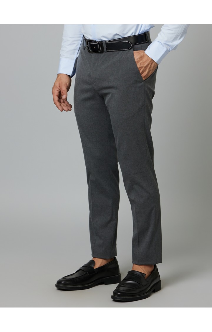 Men's Grey Polyester Solid Formal Trousers