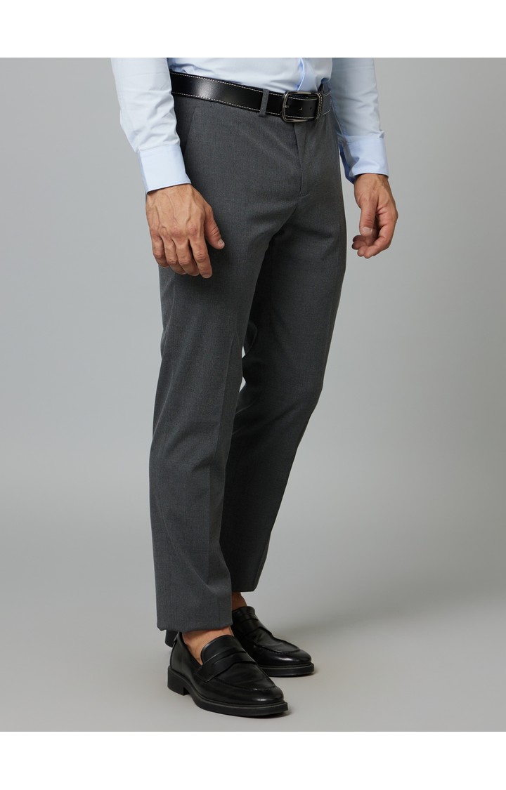 Men's Grey Polyester Solid Formal Trousers