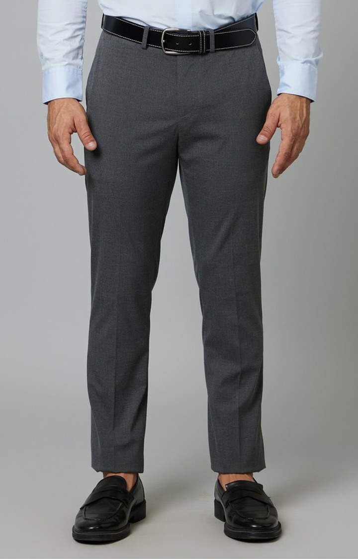 Men's Grey Polyester Solid Formal Trousers