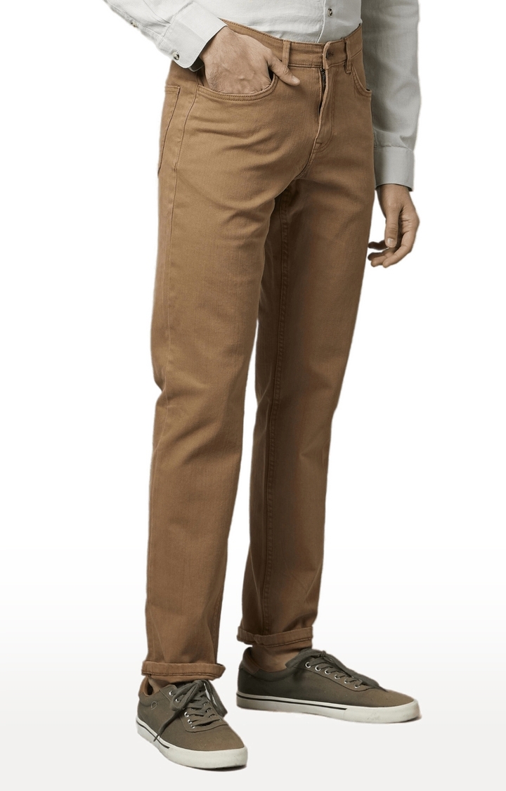 Men's Brown Cotton Blend Solid Regular Jeans