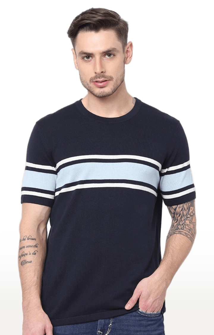 celio | Men's Blue Striped Regular T-Shirts 0