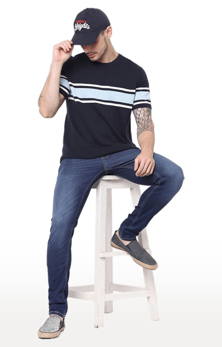 celio | Men's Blue Striped Regular T-Shirts 2
