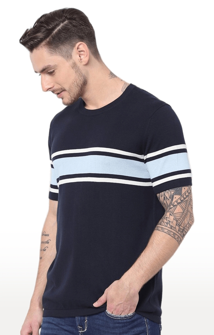 celio | Men's Blue Striped Regular T-Shirts 3
