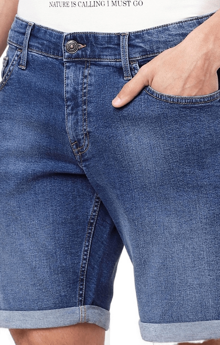 Men's Blue Cotton Blend Solid Shorts