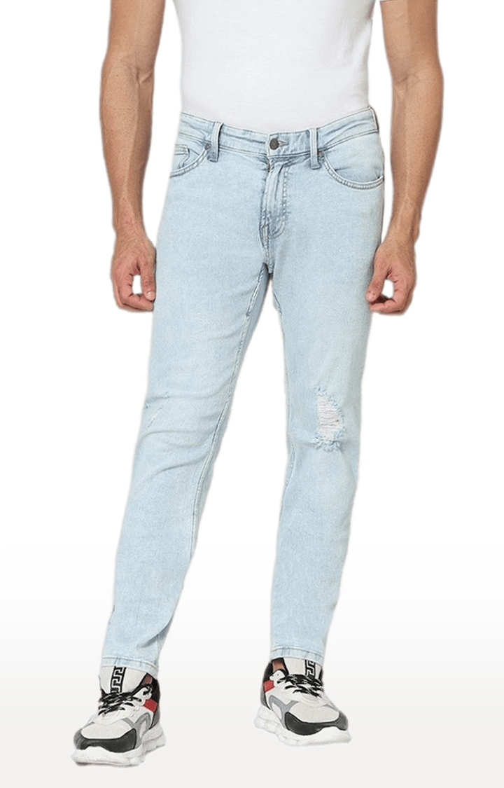 Men's Blue Cotton Blend Ripped Ripped Jeans
