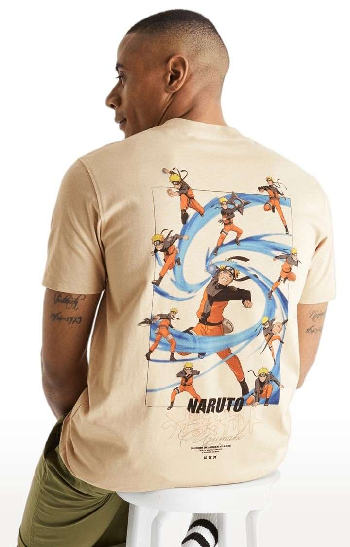 Men's Beige Printed Regular T-Shirts