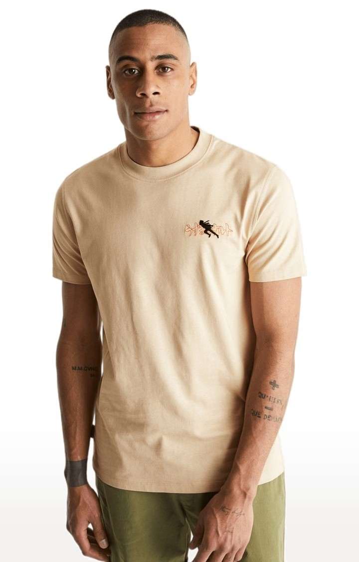 Men's Beige Printed Regular T-Shirts