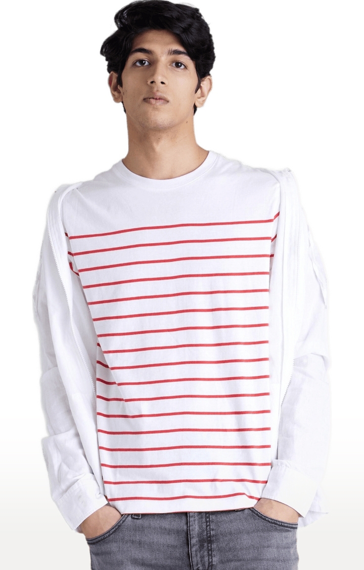celio | Men's White Striped Regular T-Shirts