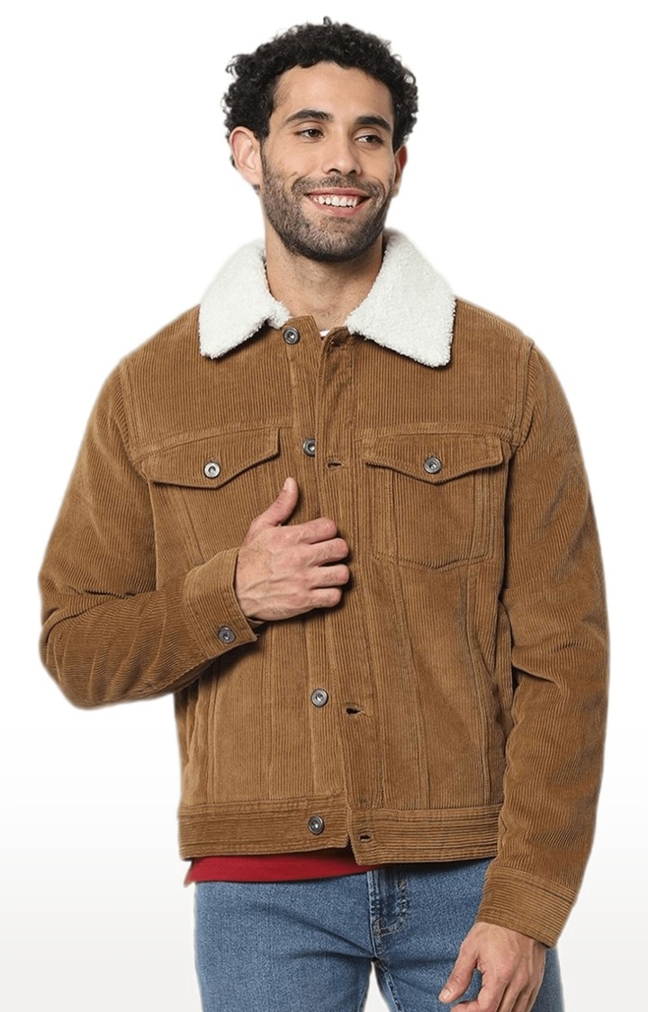 Men's Brown Solid Denim Jackets