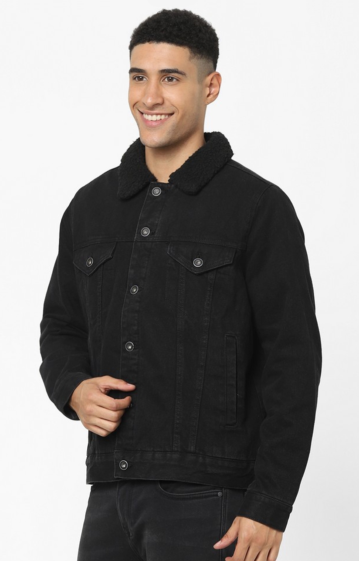 Men's Black Solid Denim Jackets