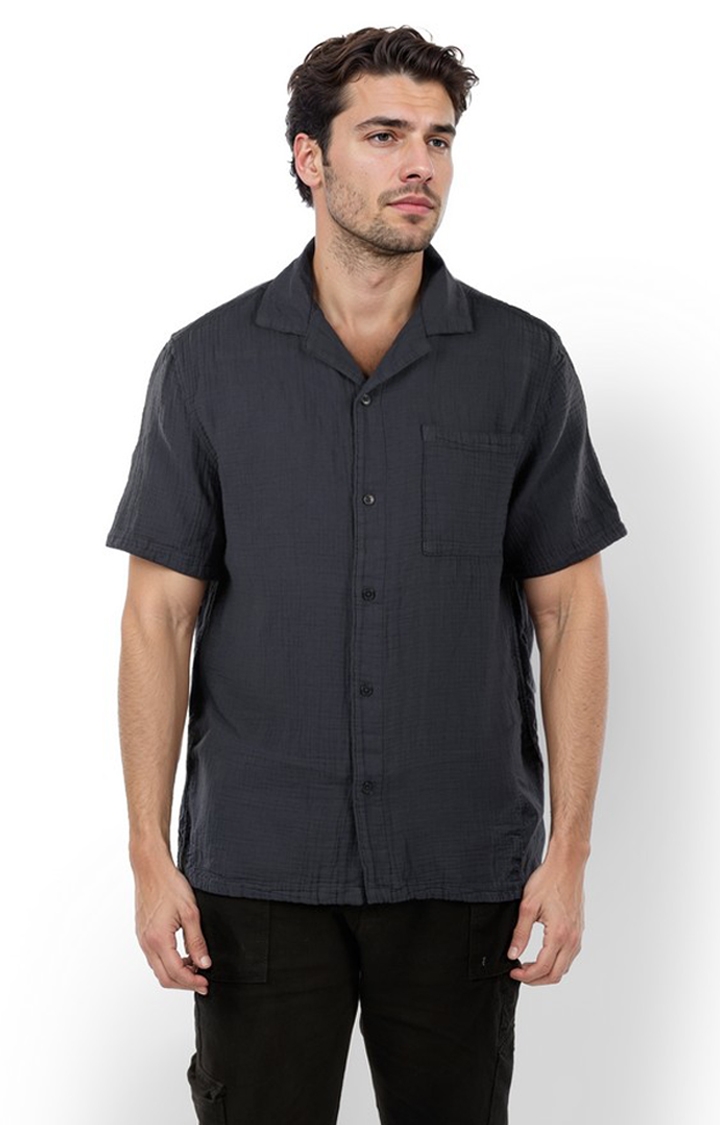 celio | Celio Men Navy Blue Solid Regular Fit Cotton Double Cloth Shirts