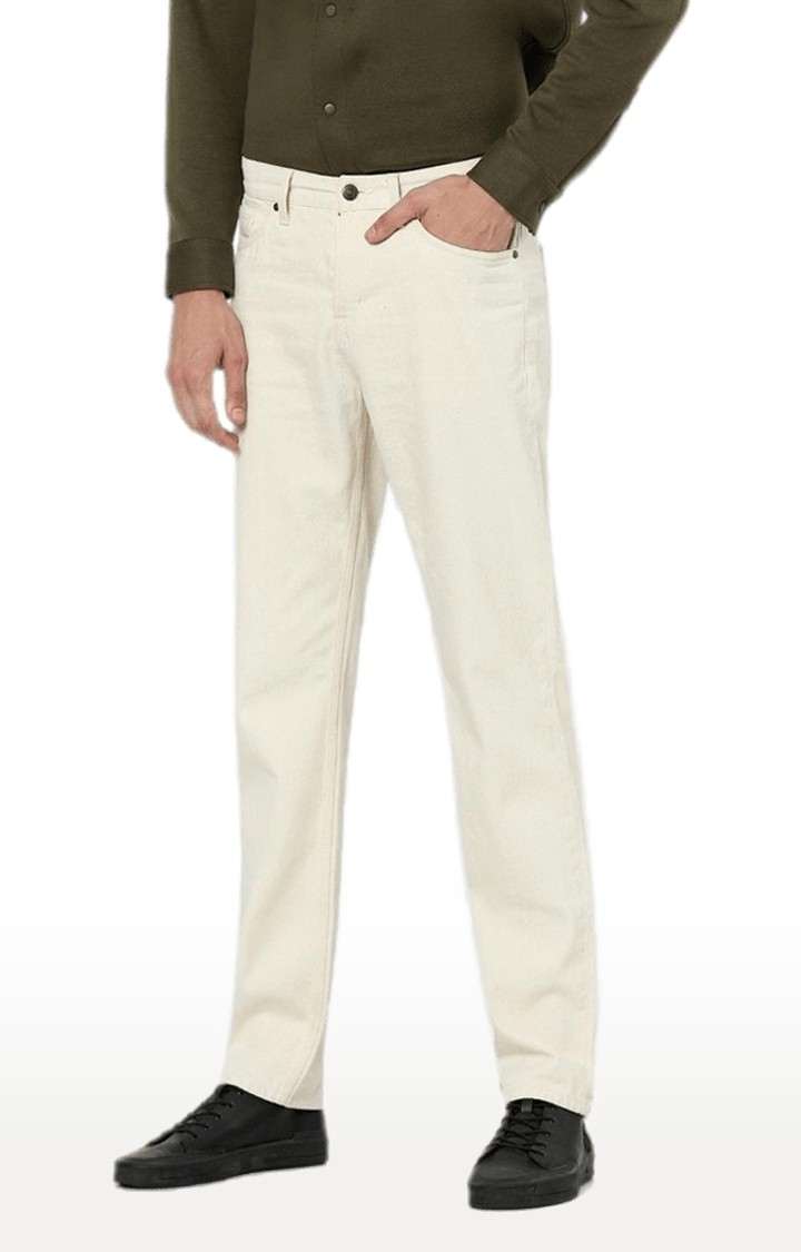 Men's Beige Cotton Solid Straight Jeans