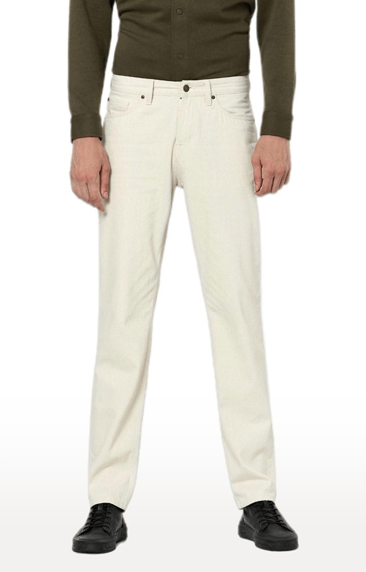 Men's Beige Cotton Solid Straight Jeans