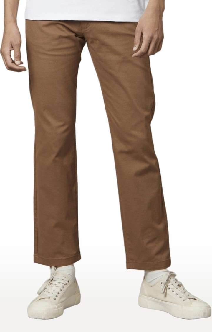 Men's Brown Cotton Blend Solid Chinos