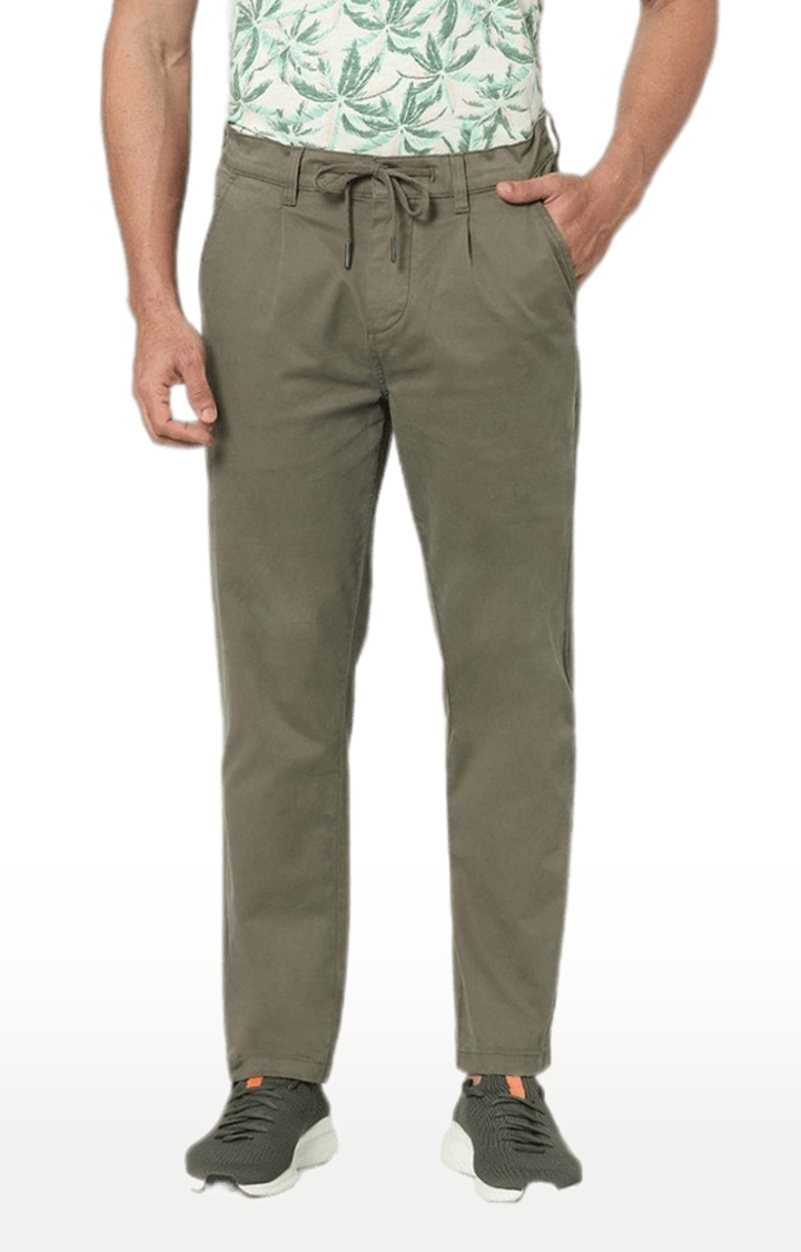 Men's Green Cotton Solid Casual Pants
