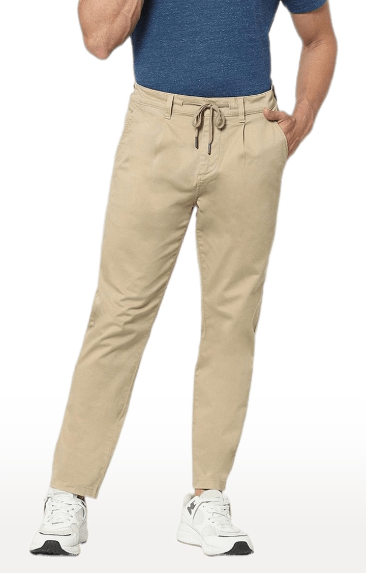 Men's Brown Cotton Solid Casual Pants