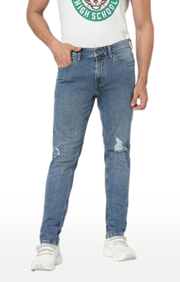 celio | Men's Blue Cotton Ripped Ripped Jeans 0