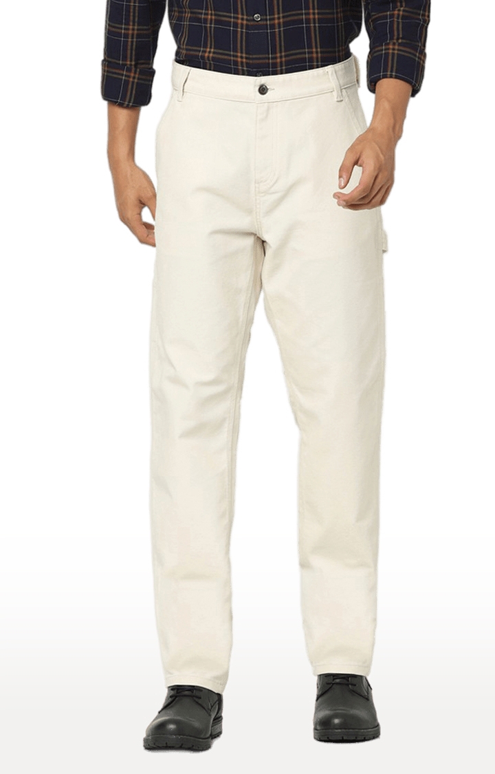 Men's Beige Cotton Solid Trousers