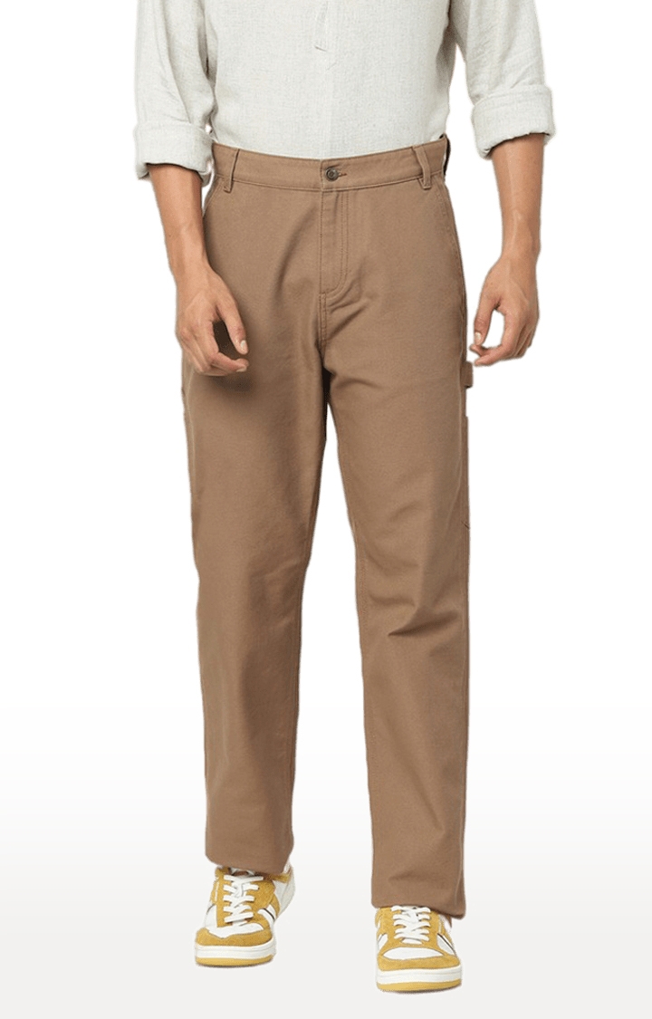 Men's Brown Cotton Solid Trousers
